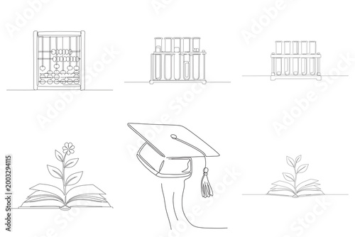 Continuous line art drawings of abacus counting frame test tubes in racks and blooming plant growing from open book school supplies.