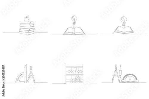 Continuous line art illustration of assorted academic supplies including books lightbulbs geometry tools abacus and stationery.