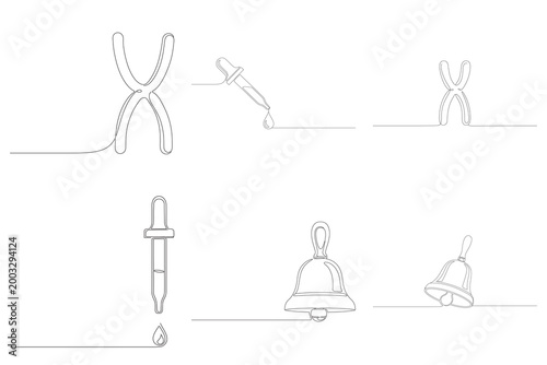 Line art icons depicting chromosomal dna structures chemical pipettes and school bells designed with minimalist stroke style.