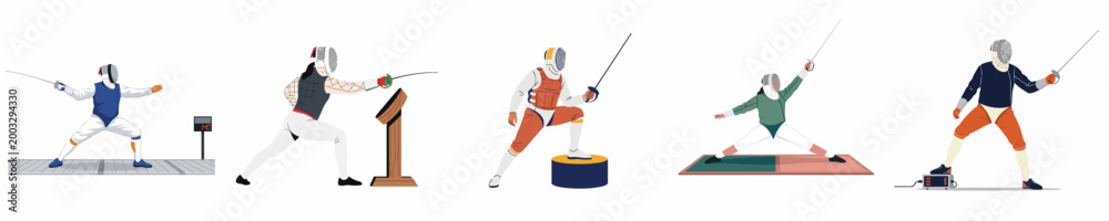 Fototapeta premium Set of flat vector illustrations depicting fencers in various athletic poses, practicing the sport of fencing with gear like masks, foils, and targets.