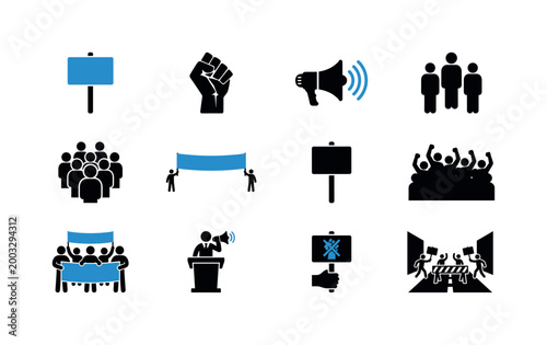 Collection of protest and demonstration icons representing activism and social change