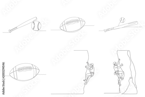 Minimalist continuous line art style set of baseball and football equipment together with active mountain rock climbing sports.