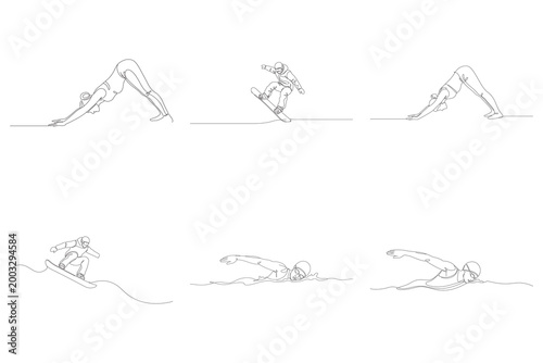 One continuous line art collection showcasing yoga pose winter snowboarding activity and professional swimming workout sessions.