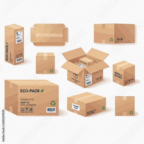 Set of cardboard boxes for shipping and delivery in various shapes and sizes