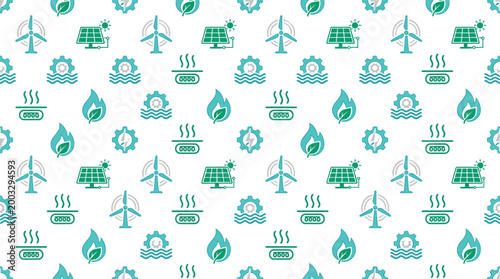 Renewable energy icons and sustainable power sources arranged in a seamless repeating pattern for green technology backgrounds.
