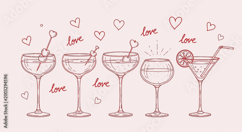 Romantic cocktail collection wine glasses martinis and love hearts sketch