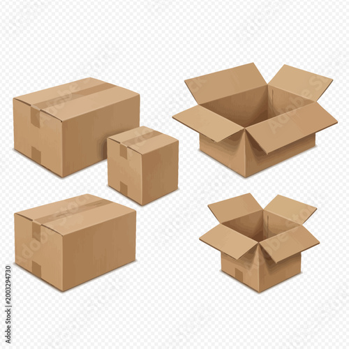 Set of brown cardboard delivery boxes in different sizes and shapes