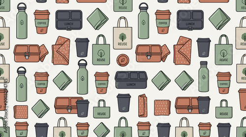 Reusable daily essentials and sustainable lifestyle icons arranged in a seamless repeating pattern for eco-conscious branding use.