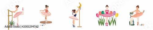 Set of Flat Vector Illustrations Featuring Cute Little Ballerina Girls Dancing and Posing in Whimsical Scenes Isolated on White Background