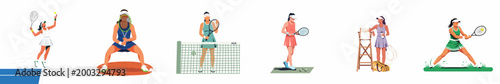 Flat vector illustration set of female tennis players in diverse action poses, including serving, backhand swings, and standing on different court surfaces.