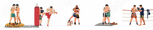 Flat vector illustration set of Muay Thai athletes training, featuring clinching, heavy bag work, and pad drills in various gym settings.