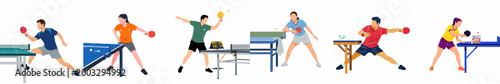 Collection of flat vector illustrations showing diverse male and female athletes playing table tennis with different techniques, stances, and equipment on a white background.