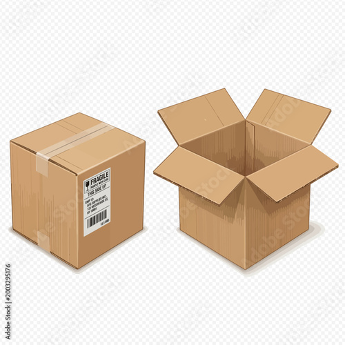 Two brown cardboard boxes one closed with fragile label and one open empty container for shipping and moving