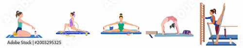 Collection of flat vector illustrations showing young female gymnasts performing various rhythmic and artistic gymnastics exercises with equipment on training mats.