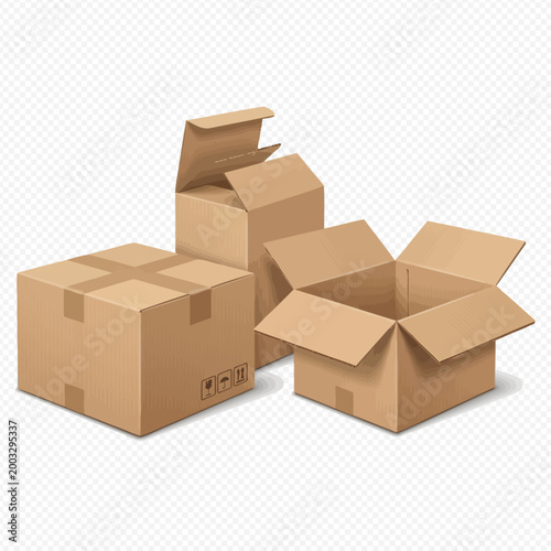 Set of three brown cardboard delivery boxes open and closed for shipping and storage