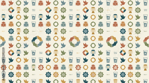 Sustainable development goal icons and global cooperation symbols arranged in a sophisticated seamless repeating pattern for