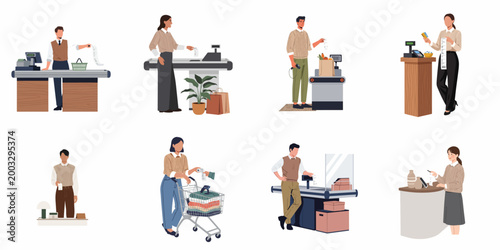 Set of flat vector illustrations of people at various store checkouts and cash registers, holding receipts and paying for purchases.