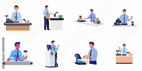 Collection of flat vector illustrations featuring male cashiers working at supermarket checkout counters, scanning items and taking payments.