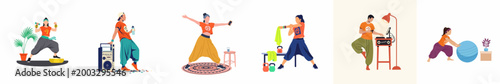 Diverse flat vector illustration set showing people doing home workouts, yoga, weightlifting, and staying active with music and equipment.