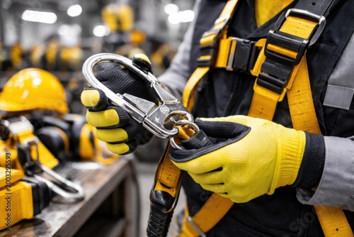 Worker wearing yellow gloves inspects a metal carabiner on a safety harness in an industrial setting.