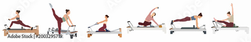 Set of flat vector illustrations showing a woman performing various exercises on a Pilates reformer machine against a white background.