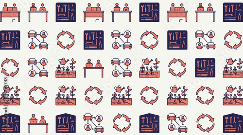 Sharing economy icons and collaborative consumption symbols arranged in a sophisticated seamless repeating pattern for community