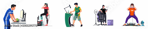 Set of professional e-sports gamers and streamers in various poses with gaming equipment, flat vector illustration on white background.