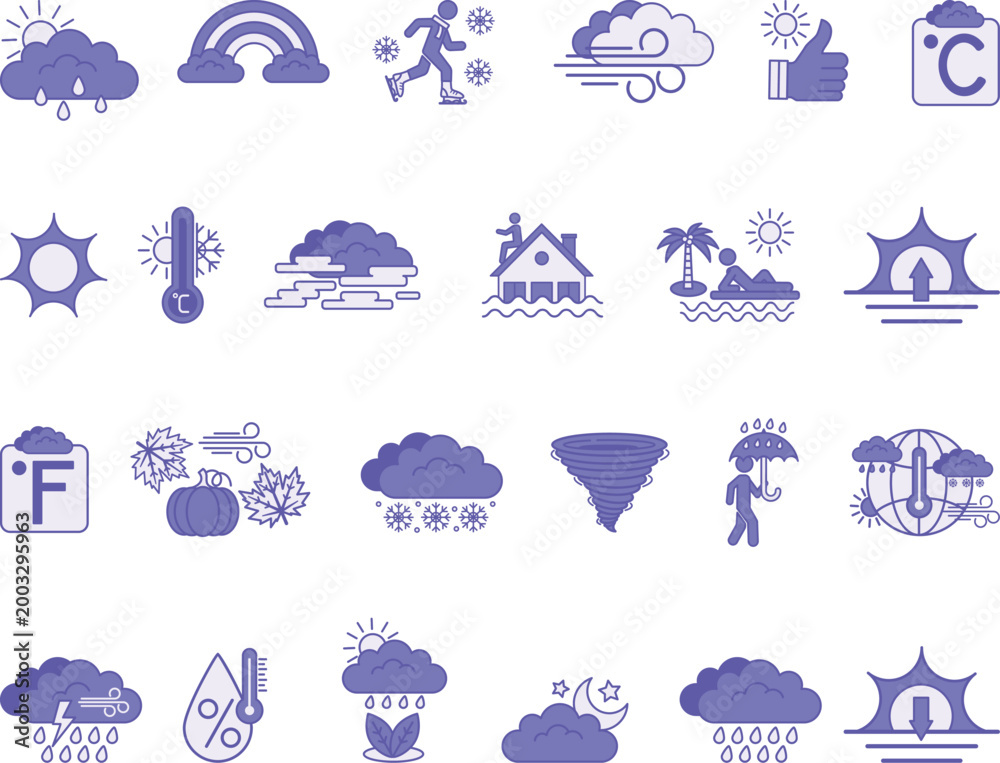 Naklejka premium Purple Weather Icon Set. Vector Icons Temperature, Sun, Rain, Wind, Snow, Rainbow, Flood, Storm, Fog, Sunset, Sunrise, Tornado, Climate, Season, and Others