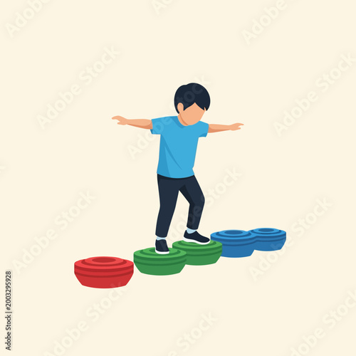 Child balancing on stepping stones vector