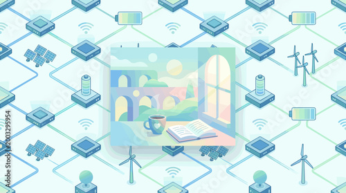 Smart grid technology elements including power nodes, connection lines, and renewable sources arranged in a modern energy network
