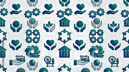 Social enterprise icons and sustainable community symbols integrated into a sleek seamless repeating pattern for non-profit