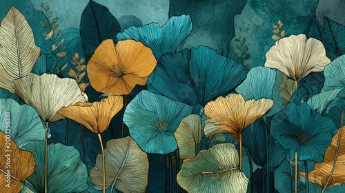Stylized illustration presents a dense composition of tropical flora featuring large blossoms and foliage in deep teal and golden hues