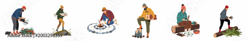Set of vector illustrations featuring people gathering firewood, building a campfire, carrying logs, and carving wood in a nature setting.