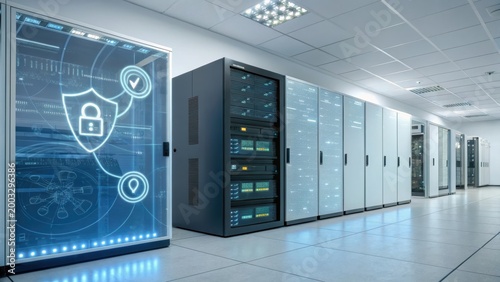 A modern data center with secure servers and digital shield icons, representing cybersecurity and data protection in a sleek, high-tech environment.