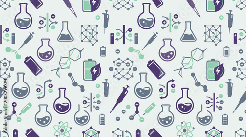 Seamless pattern of scientific research icons for energy storage and chemistry