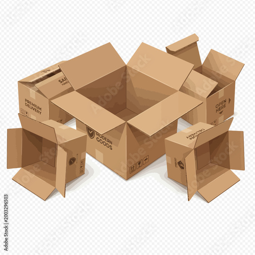 Set of open empty brown cardboard boxes for shipping and moving