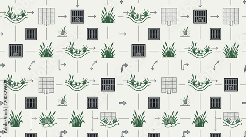 Stormwater management symbols and permeable surface icons arranged in a sophisticated seamless repeating pattern for urban
