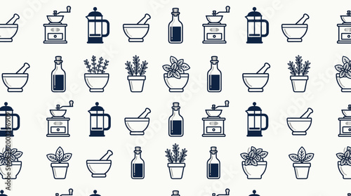 Sustainable food prep icons and eco-friendly kitchen symbols arranged in a sophisticated seamless repeating pattern for