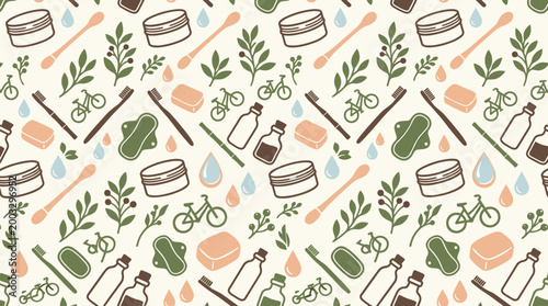 Eco-friendly lifestyle pattern with sustainable personal care and transport icons