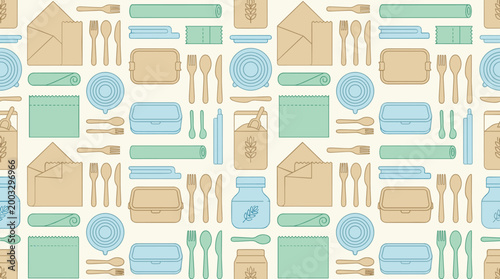 Sustainable kitchenware and plastic-free dining symbols forming a continuous seamless pattern for environmental awareness