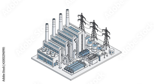 Isometric line illustration of an industrial power plant complex, showcasing energy generation and high-voltage electricity transmission infrastructure
