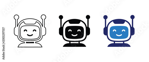 Set of three robot characters with smiling faces in different colors