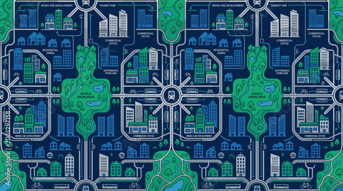 Sustainable zoning symbols and mixed-use development icons integrated into a sleek seamless repeating pattern for civic design
