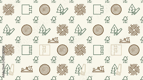 Renewable timber icons and sustainable forestry symbols arranged in a sophisticated seamless repeating pattern for woodworking