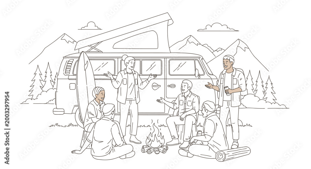 Obraz premium Group of friends enjoying a campfire and conversation around a vintage camper van in a mountain landscape