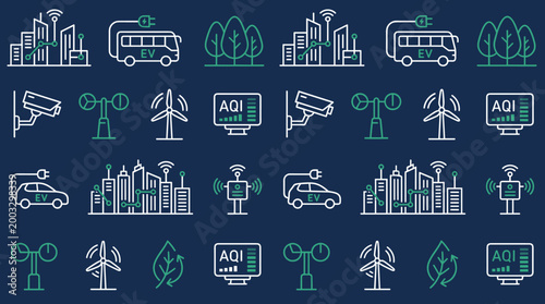 Urban emission monitoring icons and clean air symbols arranged in a sophisticated seamless repeating pattern for municipal themes.
