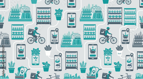 Urban farming and local food delivery service icons in a seamless pattern