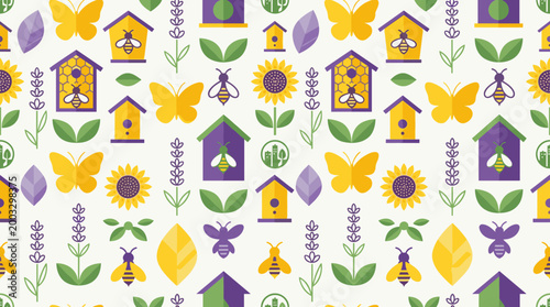 Colorful urban garden pattern featuring butterflies and bees