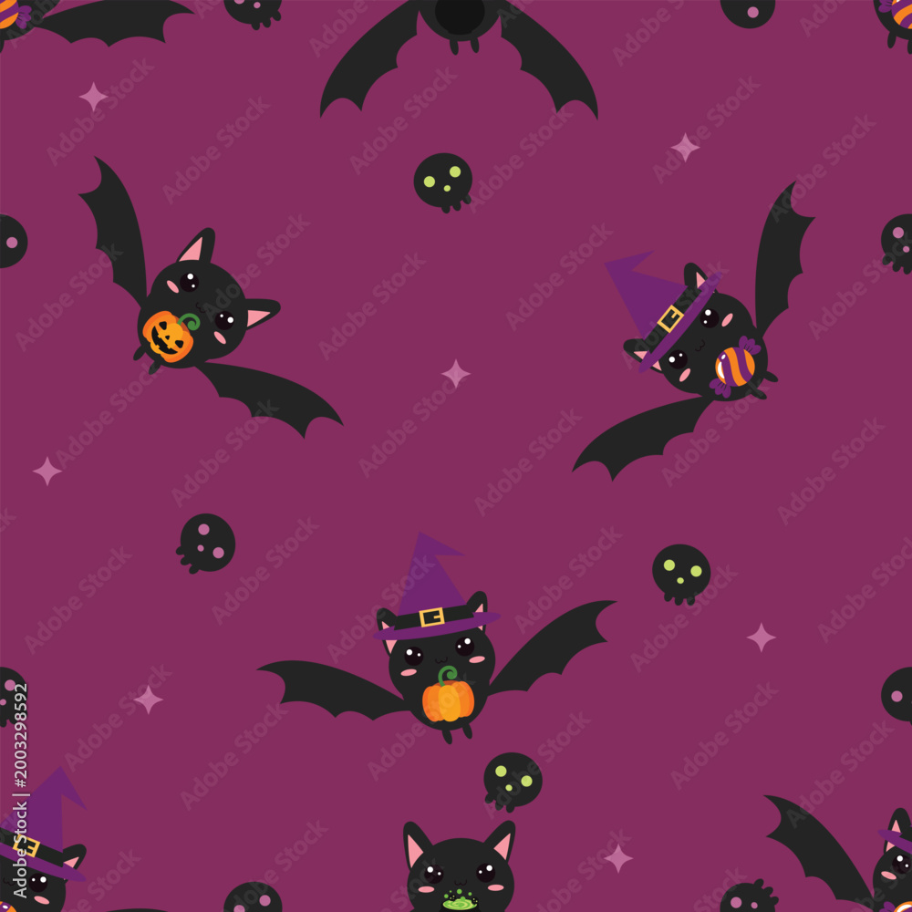 Fototapeta premium Cute Halloween Scattered Witch Bat and Stars Seamless Pattern
