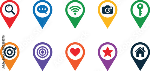 Colorful, map pin icon collection illustrating search communication and diverse points of interest, clean vector style, bright gradients, user interface elements, GPS navigation concept, ideal for 